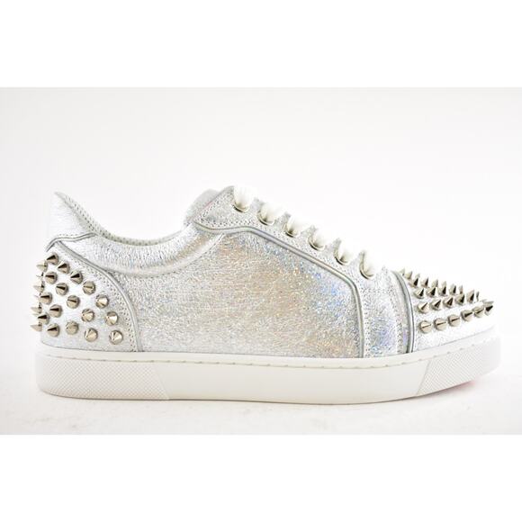 Christian Louboutin Vieira 2 Flat Silver AB Spikes Lace Up Low Top Sneaker 36.5 - Picture 2 of 11
